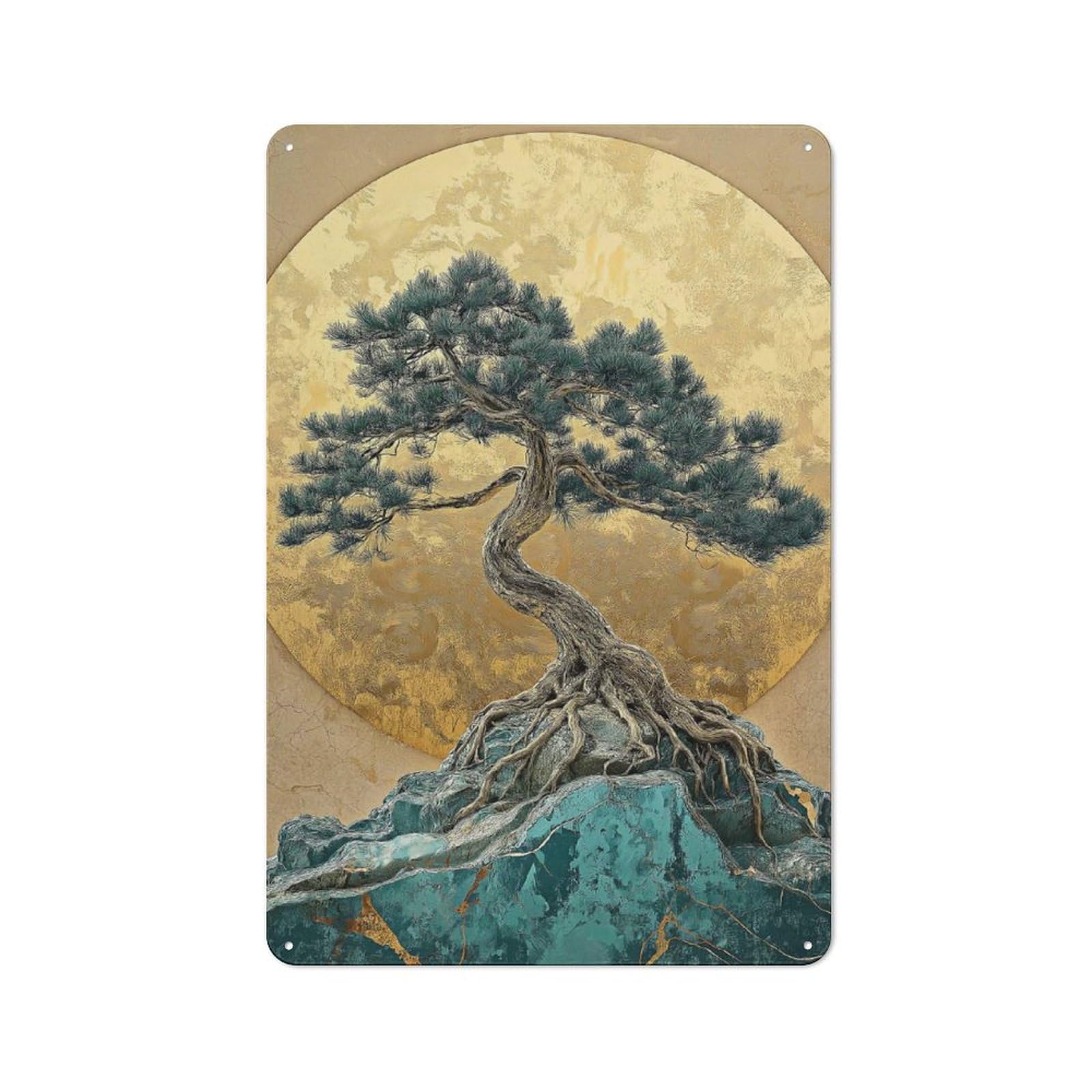 Junmoney Golden Bonsai Tree Art 30X20cm Retro-Style Tin Sign With For Café Or Home Bar, For Metal Sign Collectors, For Garage And Workshop Walls