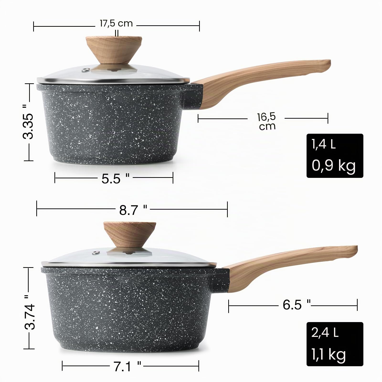Kordisen Set Casseruole con Coperchio, 16cm+20cm, Pentola Antiaderente in Granito, Beccuccio Versatore, Induzione Multifunzionale, Senza PFOA/PFOS