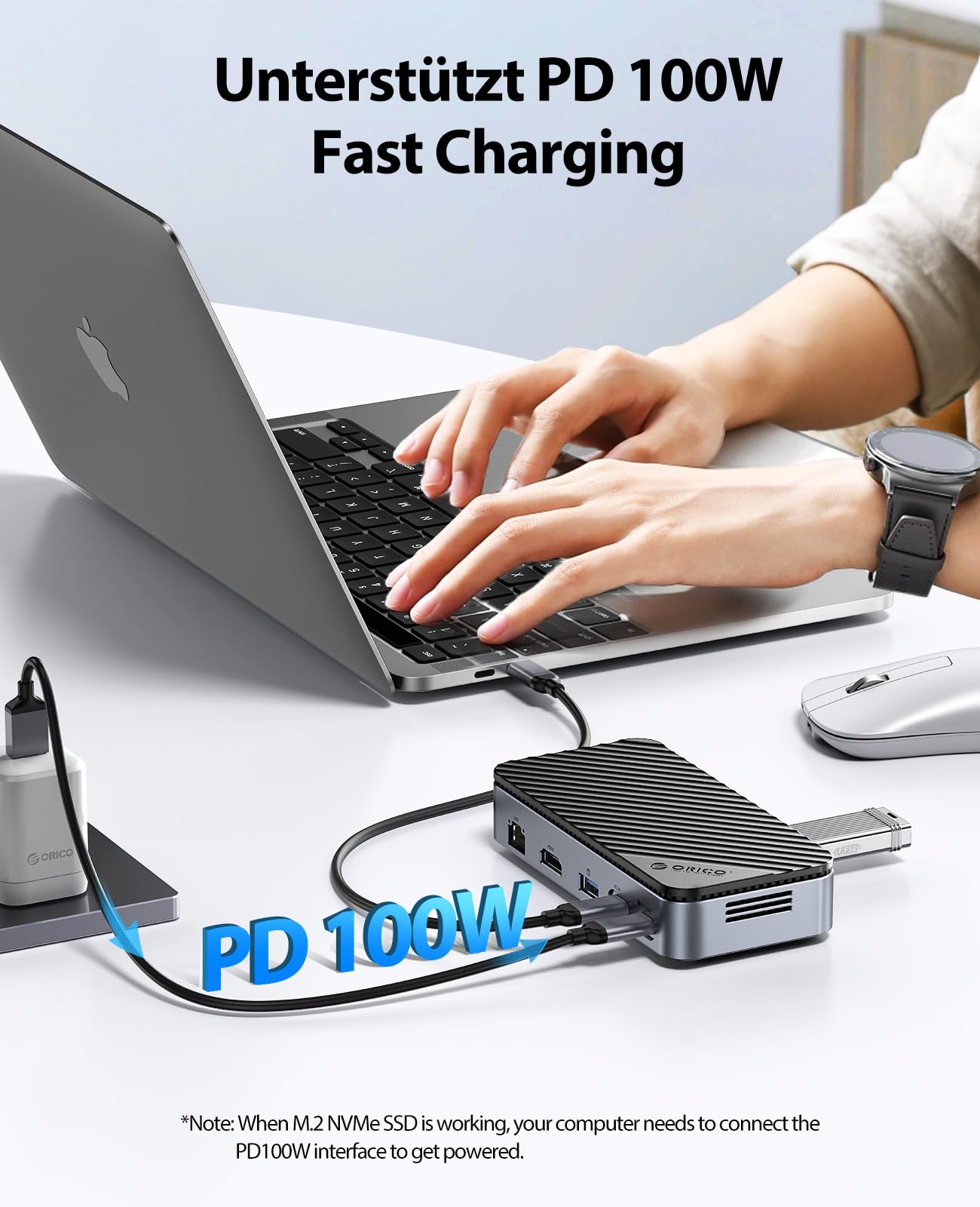 ORICO Stacja dokująca USB C 10 w 1 z blokadą M.2 SSD i aktywną dmuchawą chłodzącą – 10 Gb/s USB 3.2 Gen2, obsługa 4K HDMI, 100 W PD, SD/TF, Gigabit LAN DPM2P9