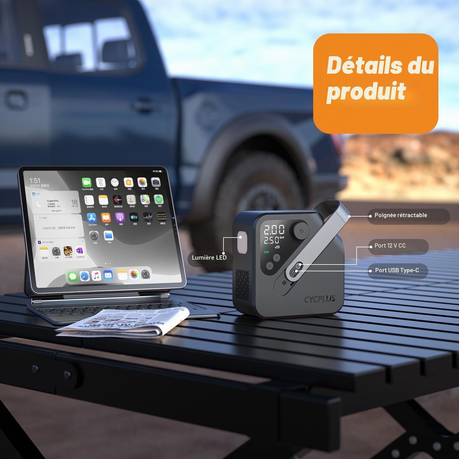 CYCPLUS AL7 Gonfleur Pneus Compresseur Haute Puissance Double Usage | 4X plus rapide, pour camions et pick-ups, design portable, véhicules lourds, objets gonflables, usage polyvalent