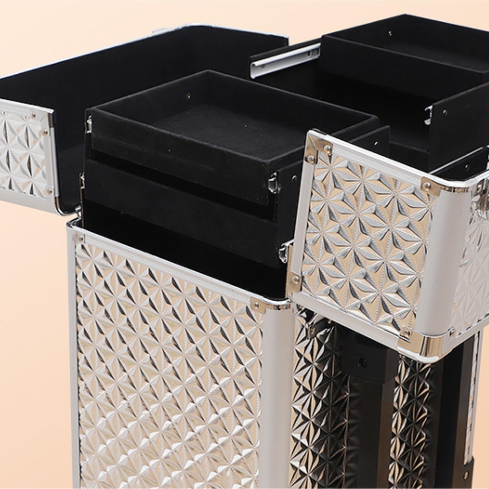 Mobiler Friseurwagen Professioneller Make-up-Trolley Aus Aluminium, Kosmetikkoffer Mit Schubladen, 4 Rädern, Friseurkoffer Salon Ausstattung(Silver)