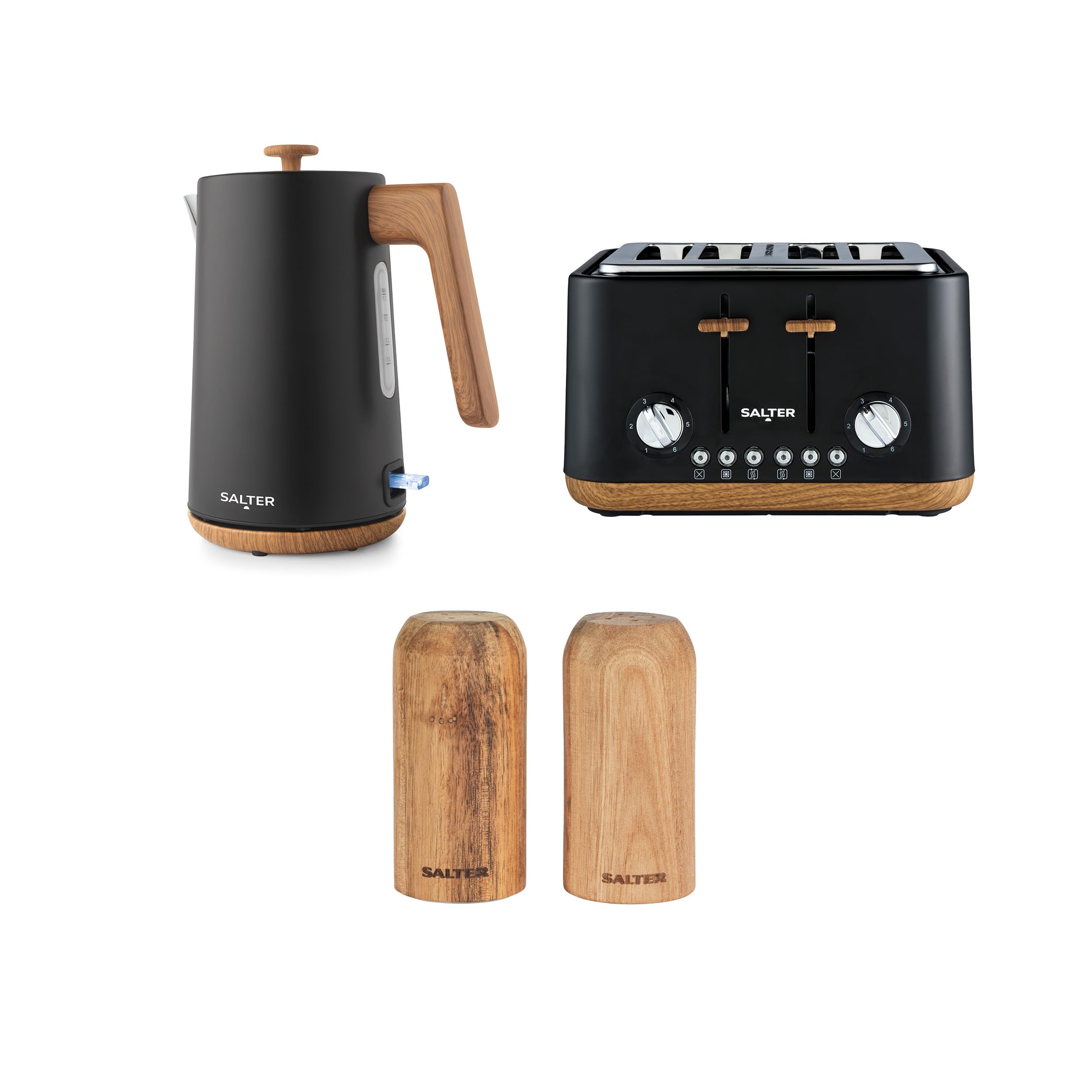 Salter Toronto Kettle, Toaster & Mill Set – 1.7L Fast Boil Kettle with Swivel Base, 4-Slice Toaster with 6 Browning Levels, Acacia Wood Salt & Pepper Shakers, Refillable Seasoning Dispensers