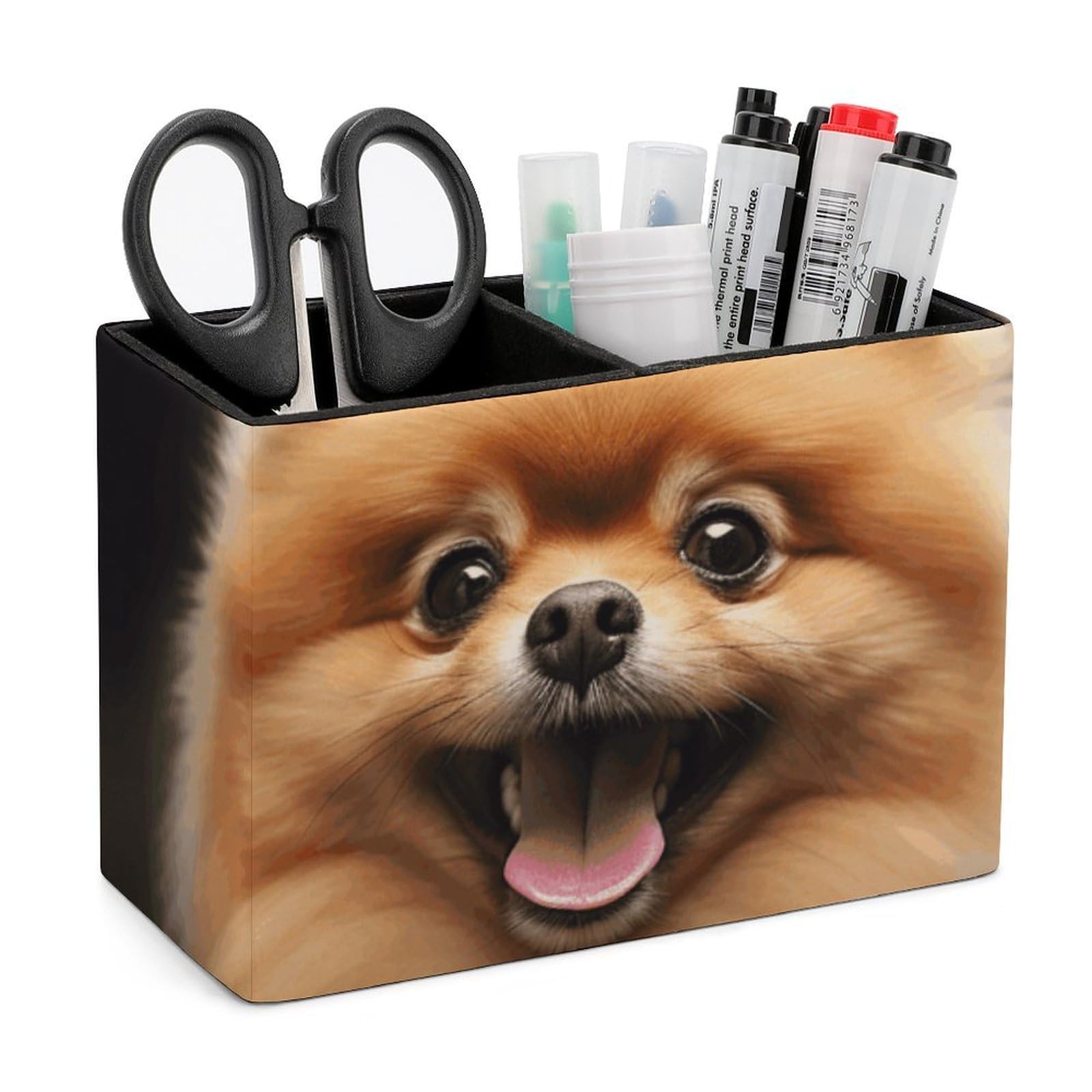 LZQPOEAS Exquisite Patterns PU Leather Pen Holder, Multifunctional Desktop Organizer Caddy with 2 Compartments, Pomeranian Pencil Cup Makeup Brush Holder for Office Home