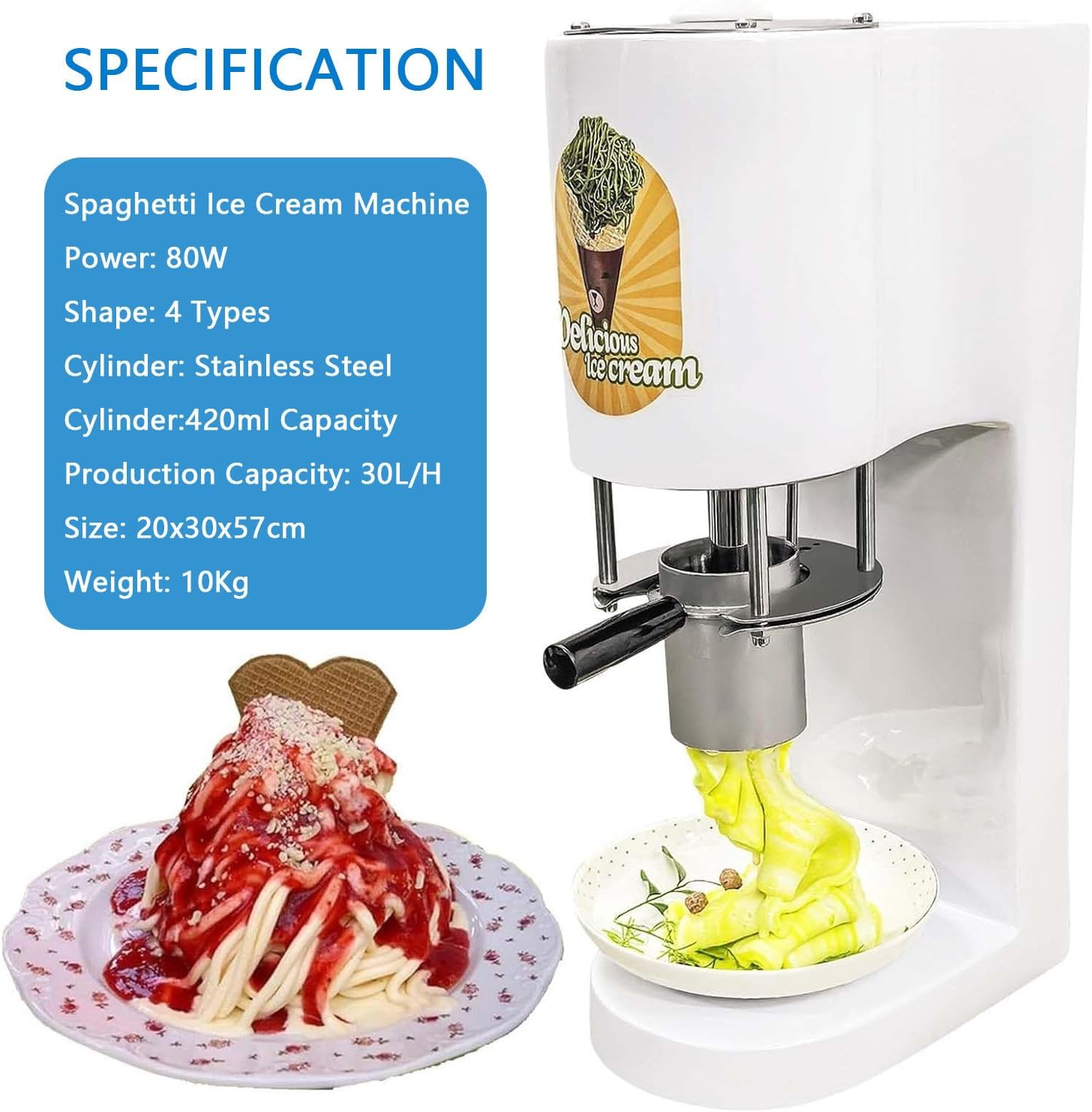 Commercial Spaghetti Ice Cream Maker, 80w Ice Cream Press Machine, 0.42l Stainless Steel Hopper, 4 Noodle Shape Molds, Easy use for Dessert Shops