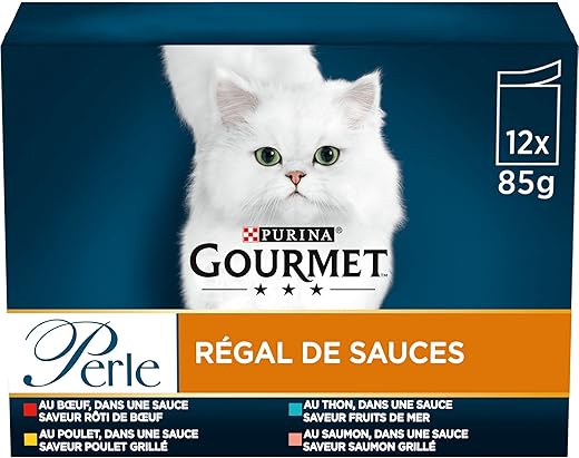 GOURMET Pearl | Regal DE Sauces | Adult Cat | Meat, Chicken, Tuna, Salmon | 12 x 85 g| Fresh Bag