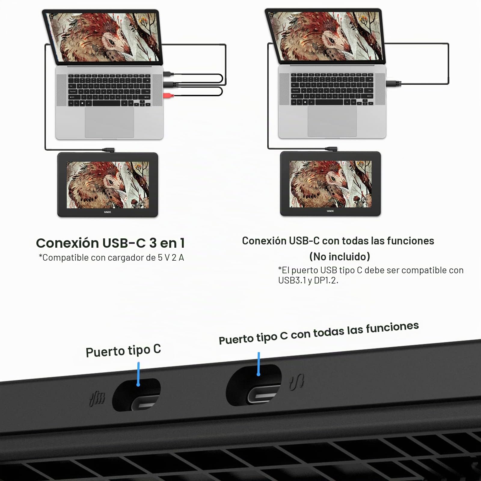 UGEE U1600 Tableta de Dibujo, Monitor de Dibujo FHD de 15,4 Pulgadas computadora Digital Tableta de Dibujo de Arte con Pantalla 8192 Stylus sin batería para Windows, Mac, Chrome OS 88, Android, Linux
