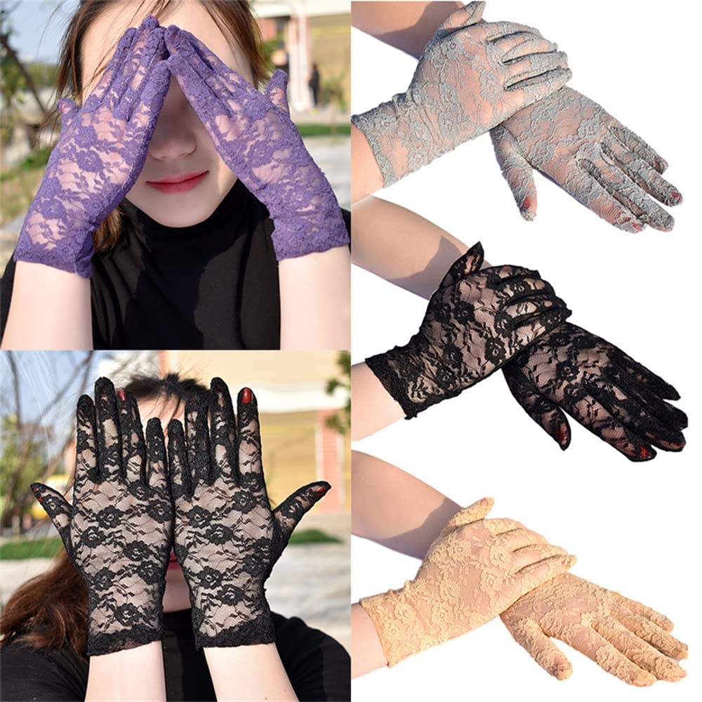 Sepkus Guantes Elegantes Manoplas elásticas Florales Finas Guantes de Tul Cortos de Encaje Sexy para Mujer Transpirables (Rosso 22x9,5 cm)