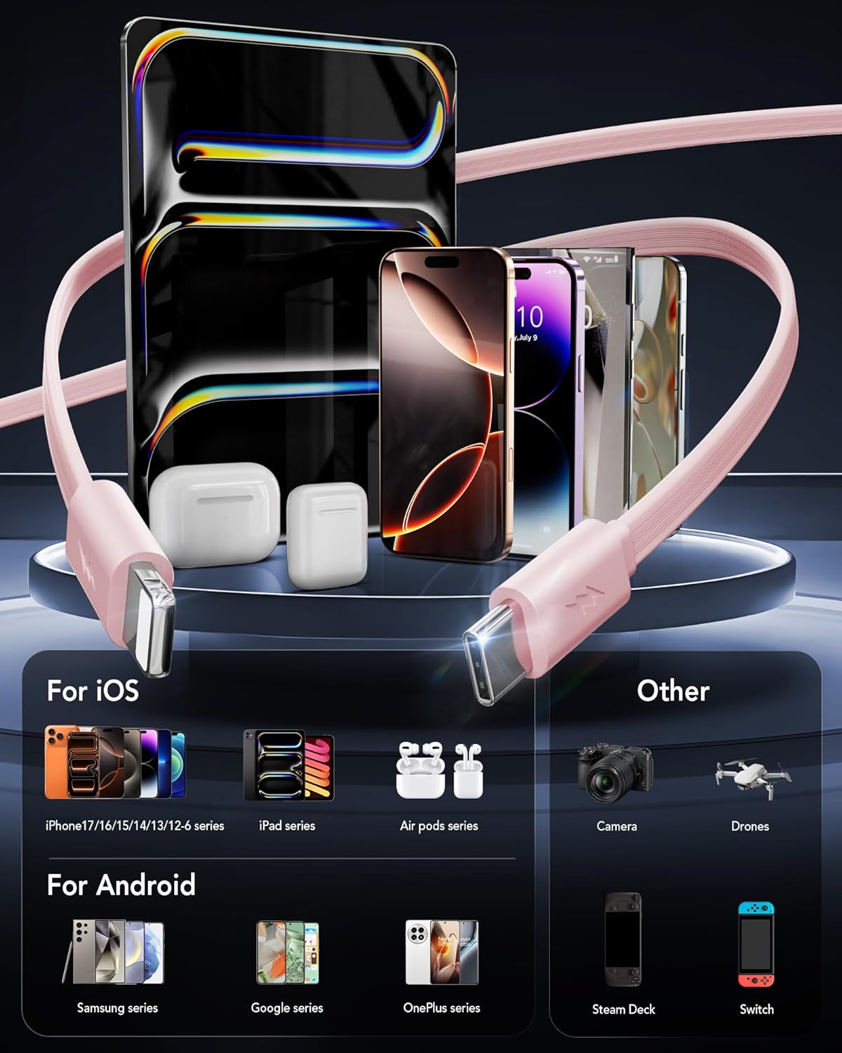 Condition photo showing Good Condition for 4-in-1 Retractable Gan Wall Charger Plug for iPhone 17 USB C,Travel Essentials Brick Multiport,3ft Lightening+ Type C Cables,40W Fast Charging Foldable Block for iPhone 17 Pro/16/15/14/13,iPad,Galaxy Pink-C/Lightening Cables