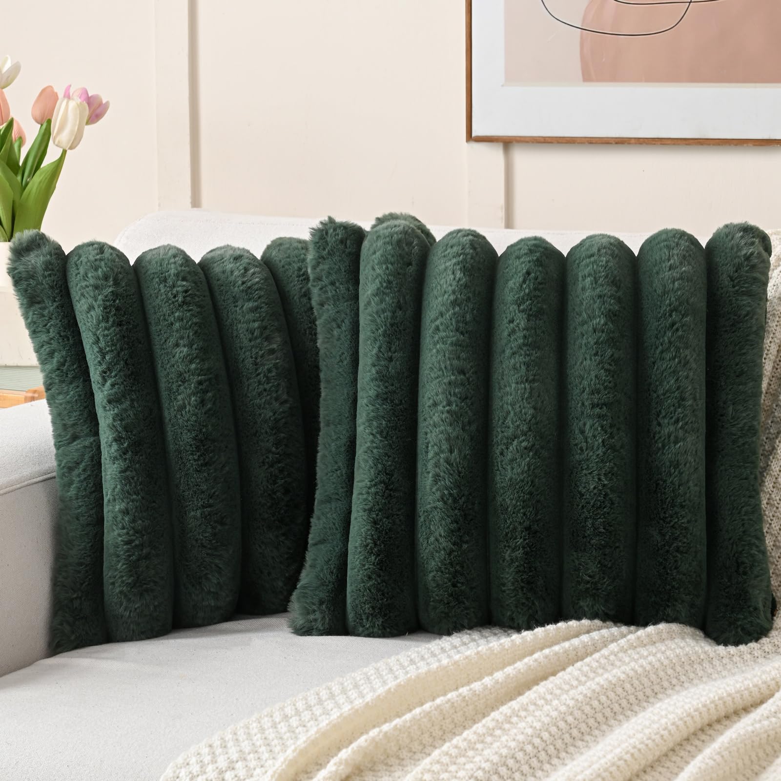 FUTEI Set of 2 Fluffy Faux Rabbit Fur Cushion Covers 40 x 40 cm,Dark Green โ image 1