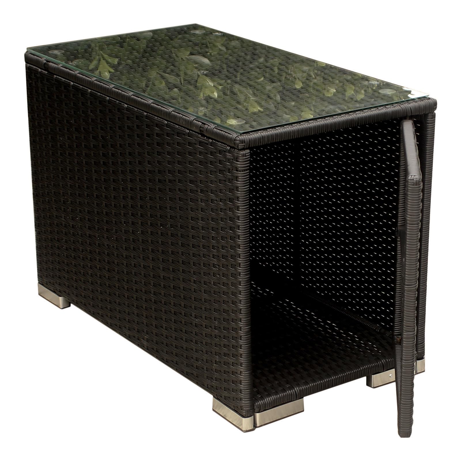 Couchtisch Beistelltisch Gartentisch Teetisch Tisch Gartenmöbel Kaffeetisch Balkontisch Terrasse Abstelltisch mit Stauraum und Glassplatte 75x40x50cm Poly Rattan Glas (Schwarz)