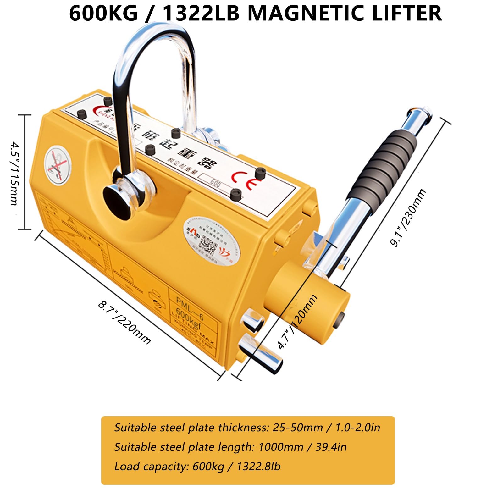 Sollevatore magnetico, magnete di sollevamento for piastre da 1320 libbre/600 kg con design a scanalatura a U, magnete di sollevamento for paranchi, blocchi e attrezzature for gru da officina