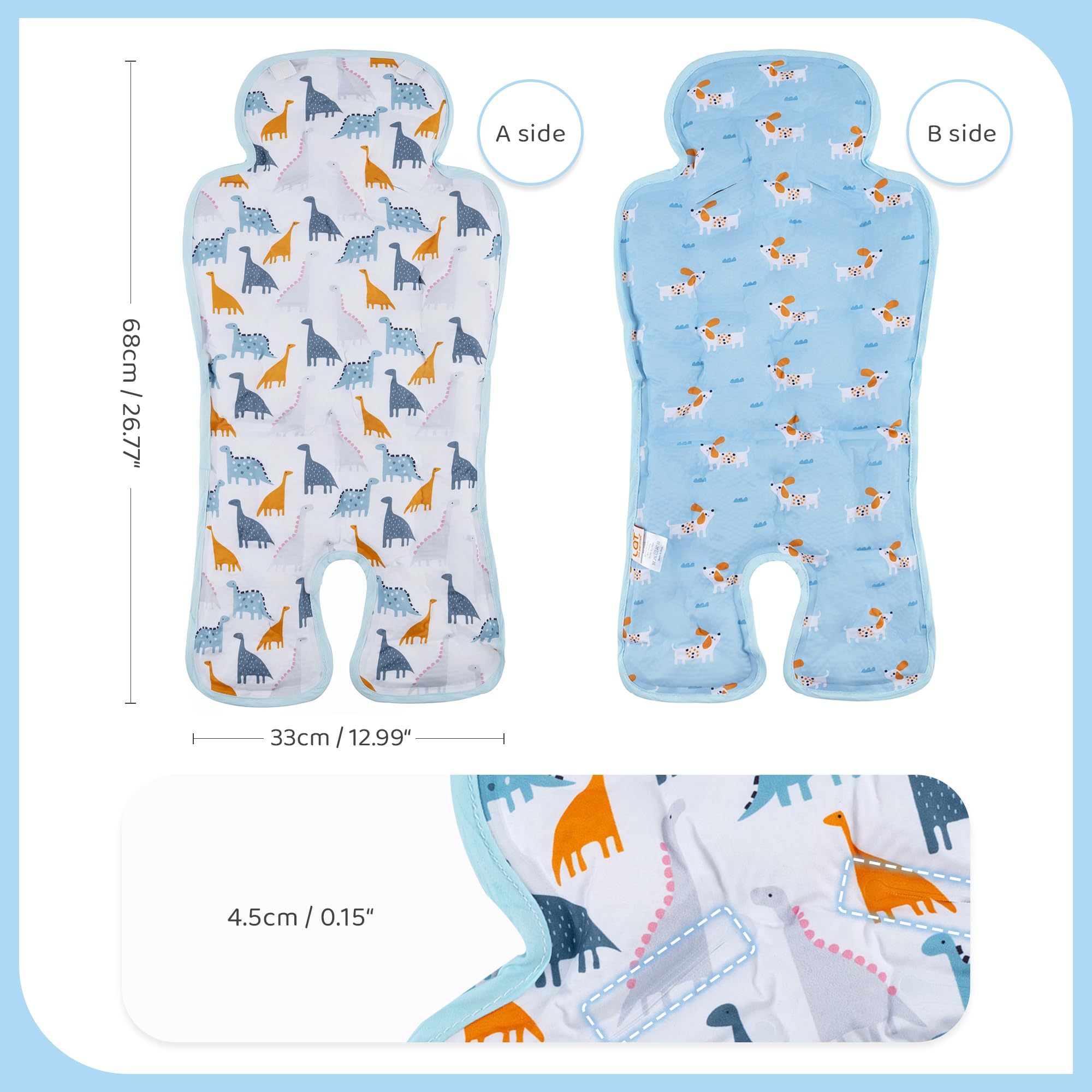 LAT Sommer Sitzauflage für Kinderwagen, Reversible Sommer Sitzeinlage für Kinderwagen, Sommer Sitzauflage für Buggys Kinderwagen Babyschale (Dinosaurier+Hund)