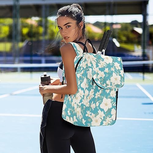 Miniatura 7 de Mochila de pelota de raqueta de tenis, grande, resistente, elegante, blanco, flores de Clematis, fondo verde azulado, bolsas de gimnasio, mochila de