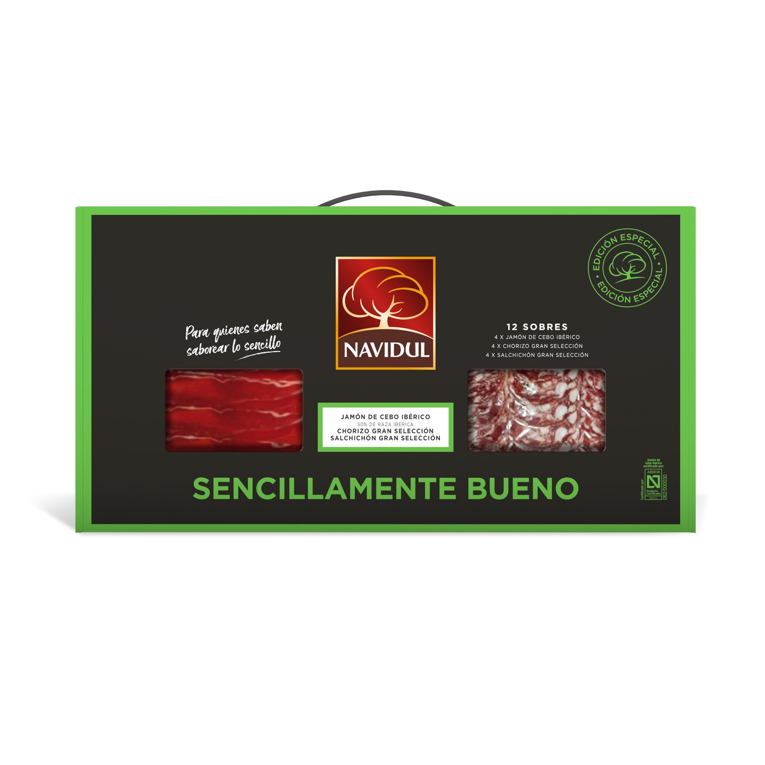 Navidul Maletín de Jamón de Cebo Ibérico 4x75g, Chorizo Gran selección 4x75g y Salchichón Gran selección. Freshpack envasado al vacío - 4x75g Total 900 gr