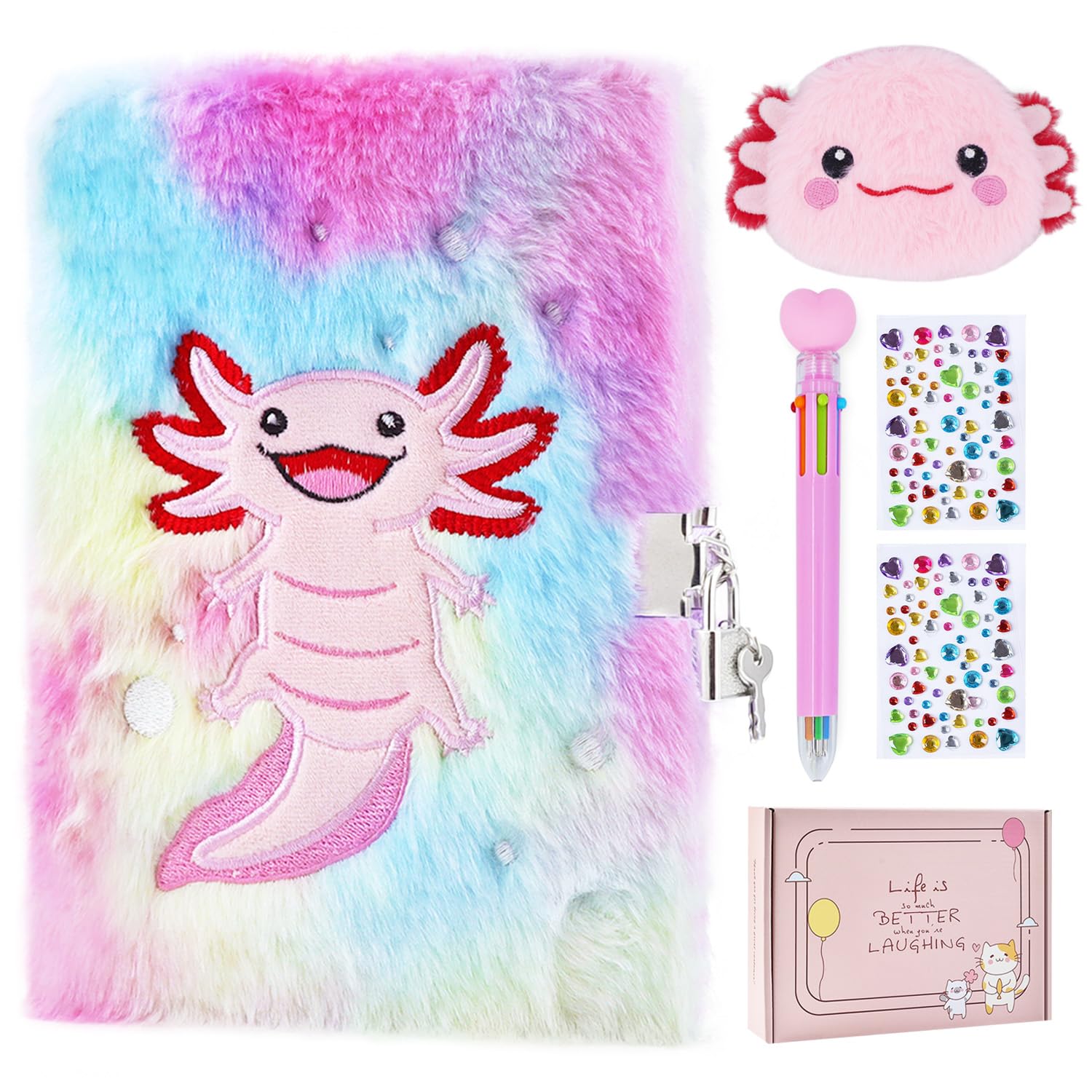 Axolotl Diary with Lock, Gift for 8 9 10 Year Old Girl, Secret Diary Journal Notebook with Coin Purse, Multicolored Pen, Stickers, Practical Gift for Birthday Christmas