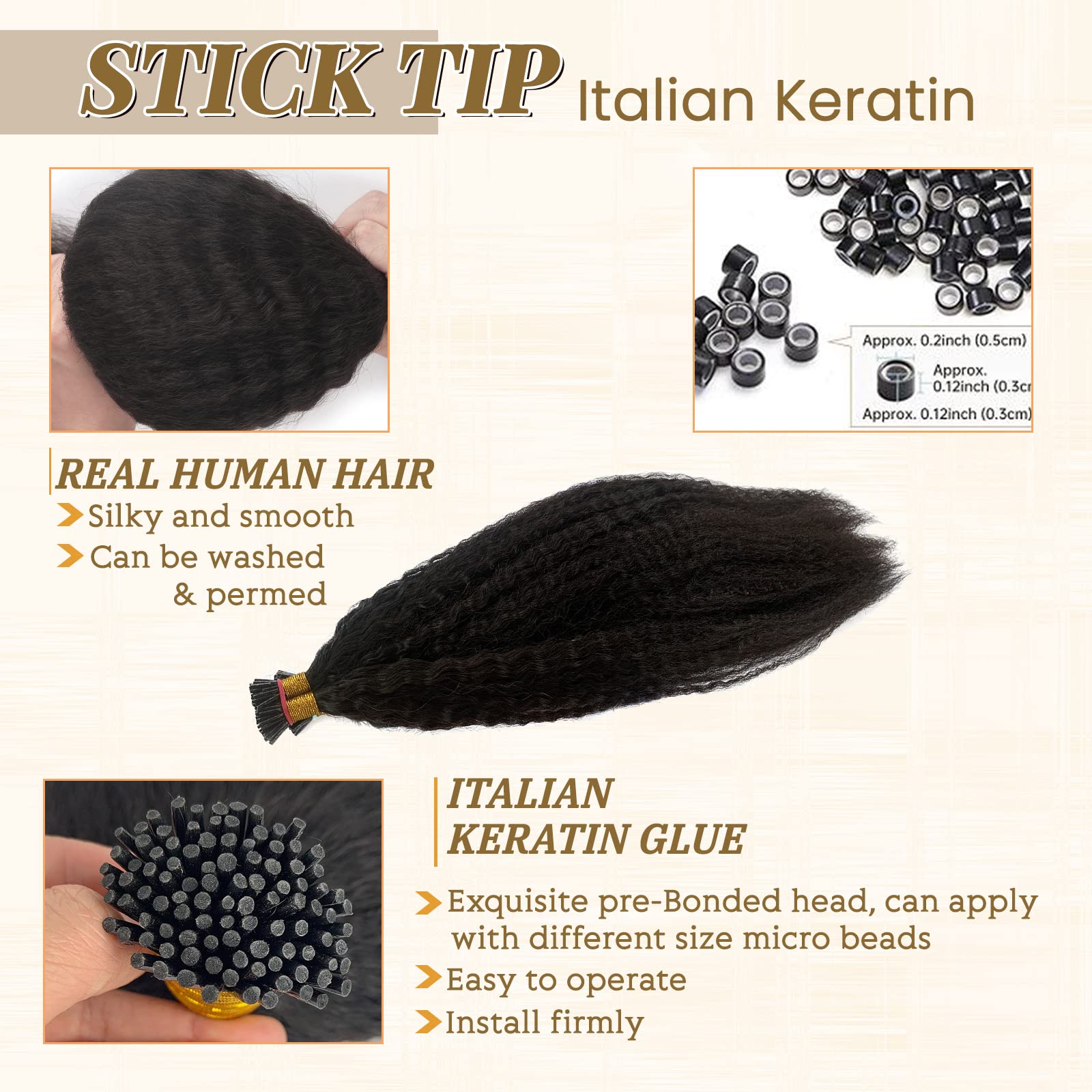 Amazon.com: Kinky Straight I Tip Hair Extensions Real Human  display picture 3