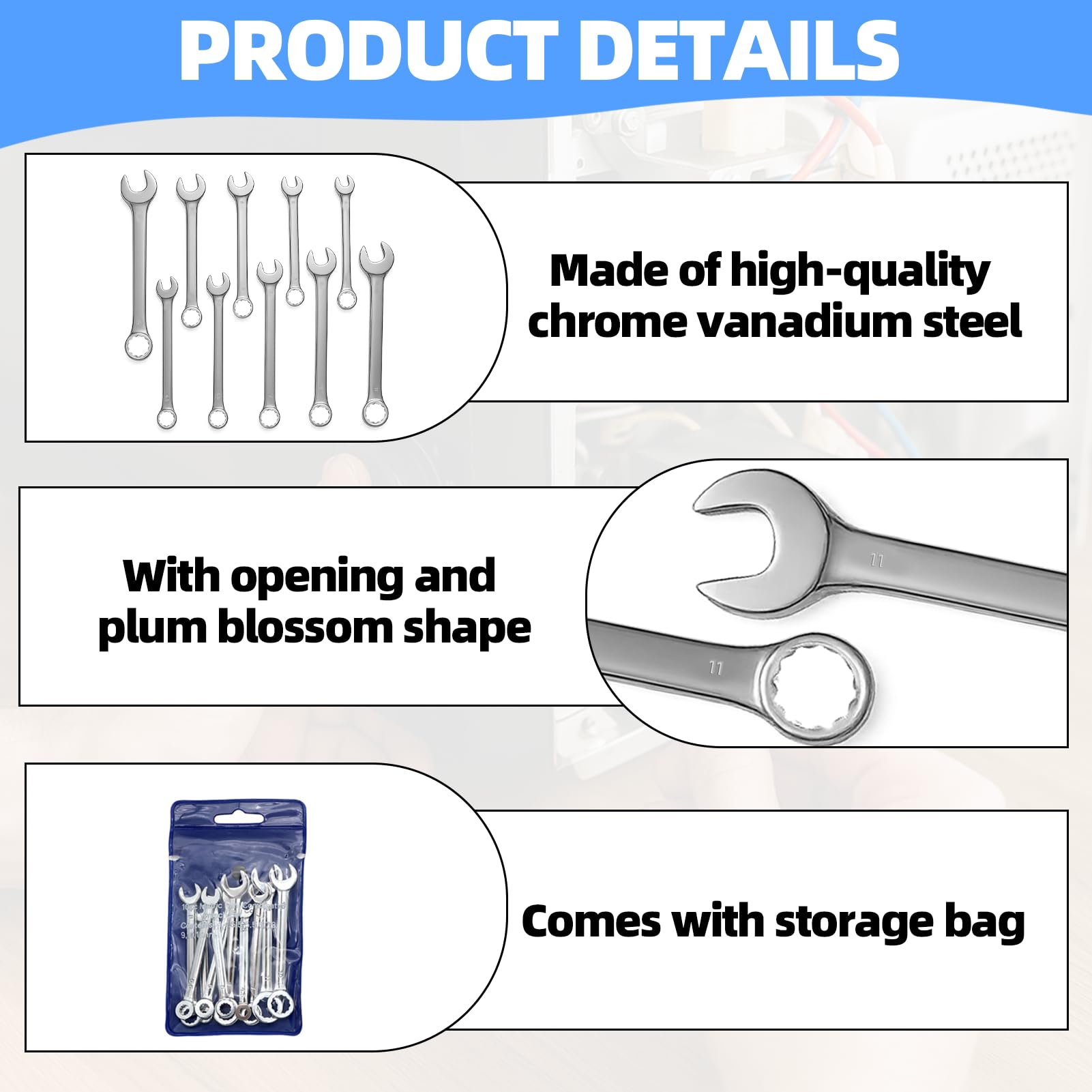 Dongnesi 10PCS Combination Spanner Set, Small Spanners Set, Mini Wrench Sets, Metric Small Ratchet Spanner Sets - Image 3