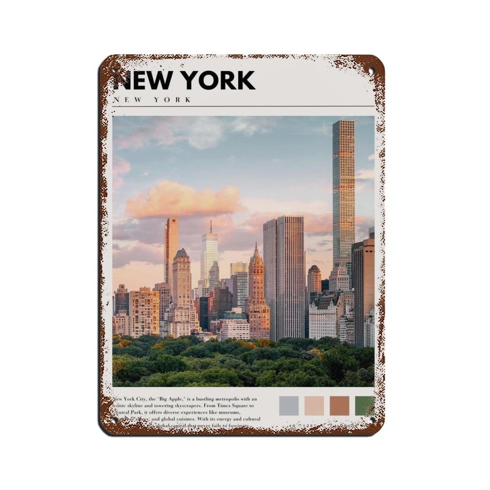 New York Manhattan Art NYC Cityscape Poster Tin Sign Vintage Metal Pub Club Cafe Bar Home Wall Art Decoration Poster Retro 12x16inch(30x40cm)