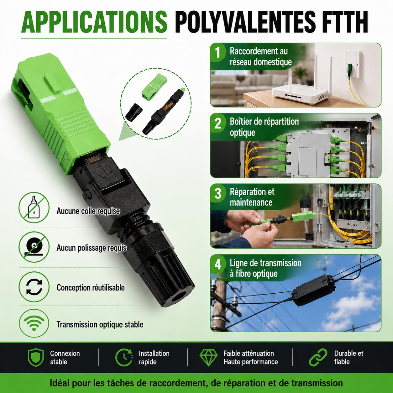 100PCS Connecteur Rapide Fibre Optique Froid, FTTH Connecteur pour câbles Rapide Type Flip, SC adaptateurs pour Connecteur Fibre Optique Monomode, avec Fil de Cuir Intégré pour Réseau CATV