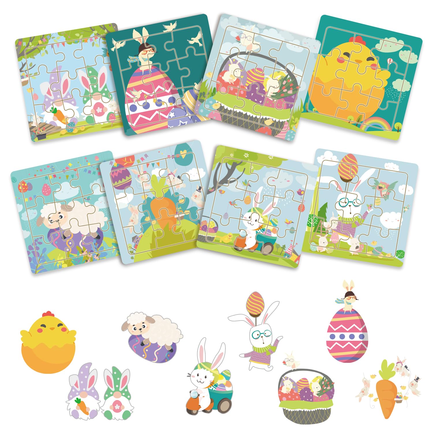 8pcs Easter Wooden Puzzles, Cute Colorful Bunny Egg Chicks Carrots Gnome Montessori Jigsaw Puzzles Toy for Kids Toddlers Boys Girls Easter Basket Stuffers Party Favors Gift