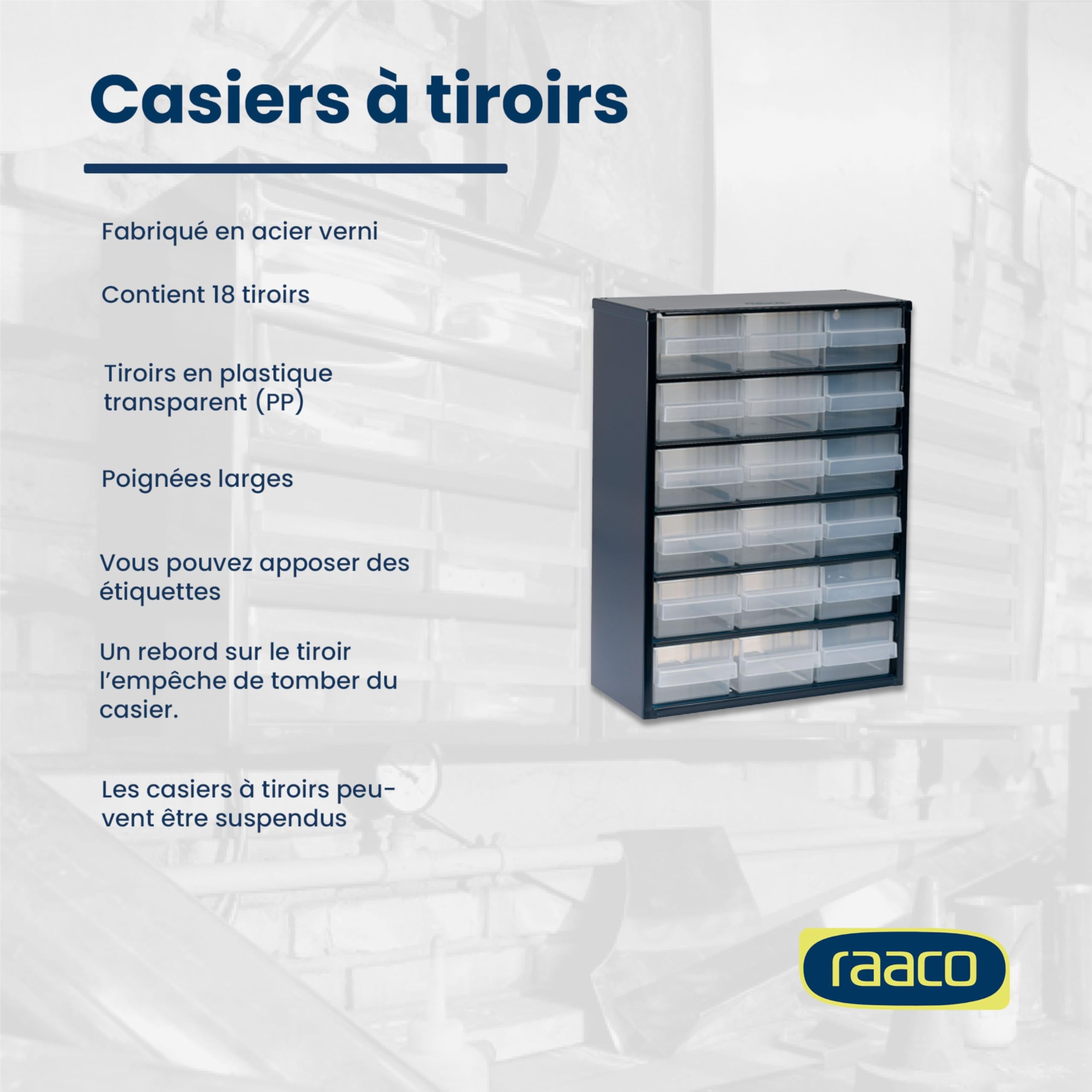 raaco Casiers à Tiroirs C9-18, avec 18 Tiroirs en Plastique, Charge 20 kg, 15 x 30.6 x 41.7 cm, Montable au Mur, pour Rangement Garage & Atelier, Rangement Visserie Atelier