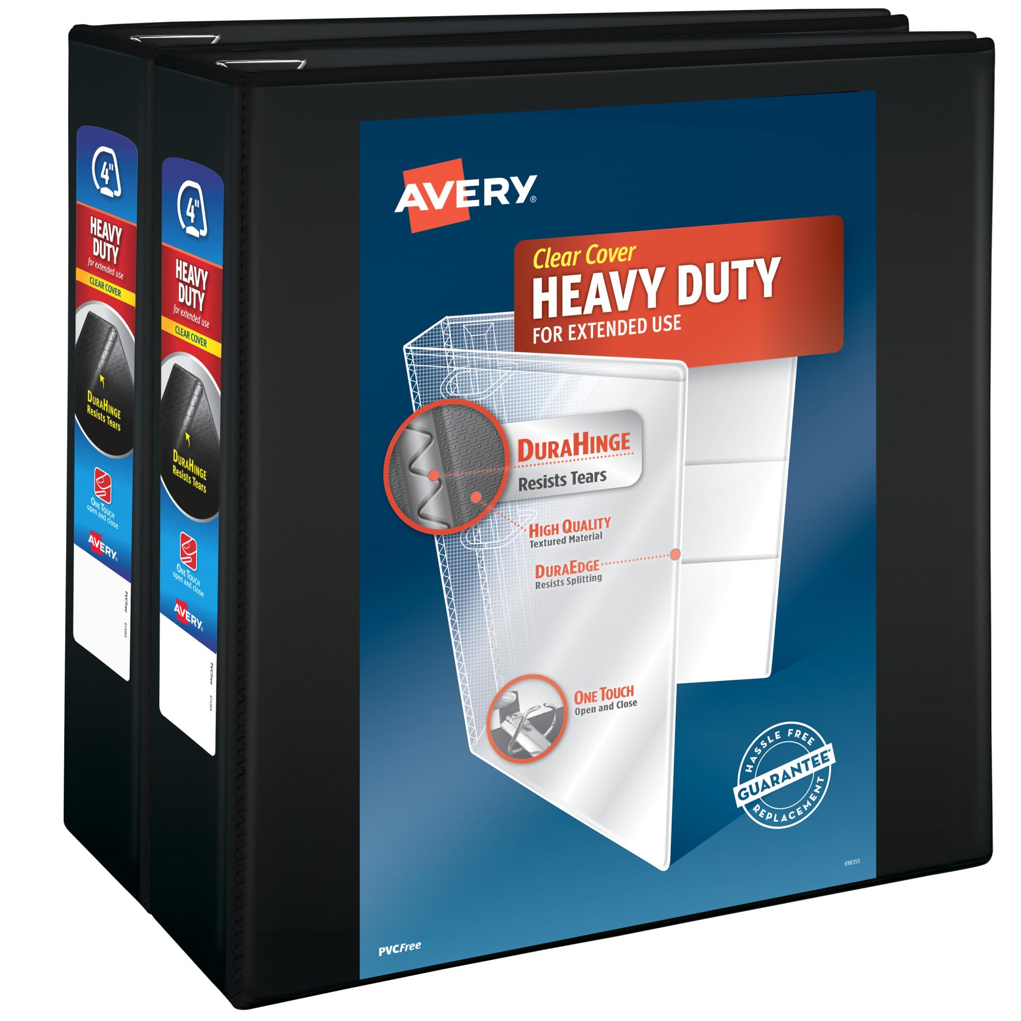 Avery Heavy-Duty View 3 Ring Binder, 4" One Touch Slant Rings, Holds 8.5" x 11" Paper, 2 Black Binders (79874)