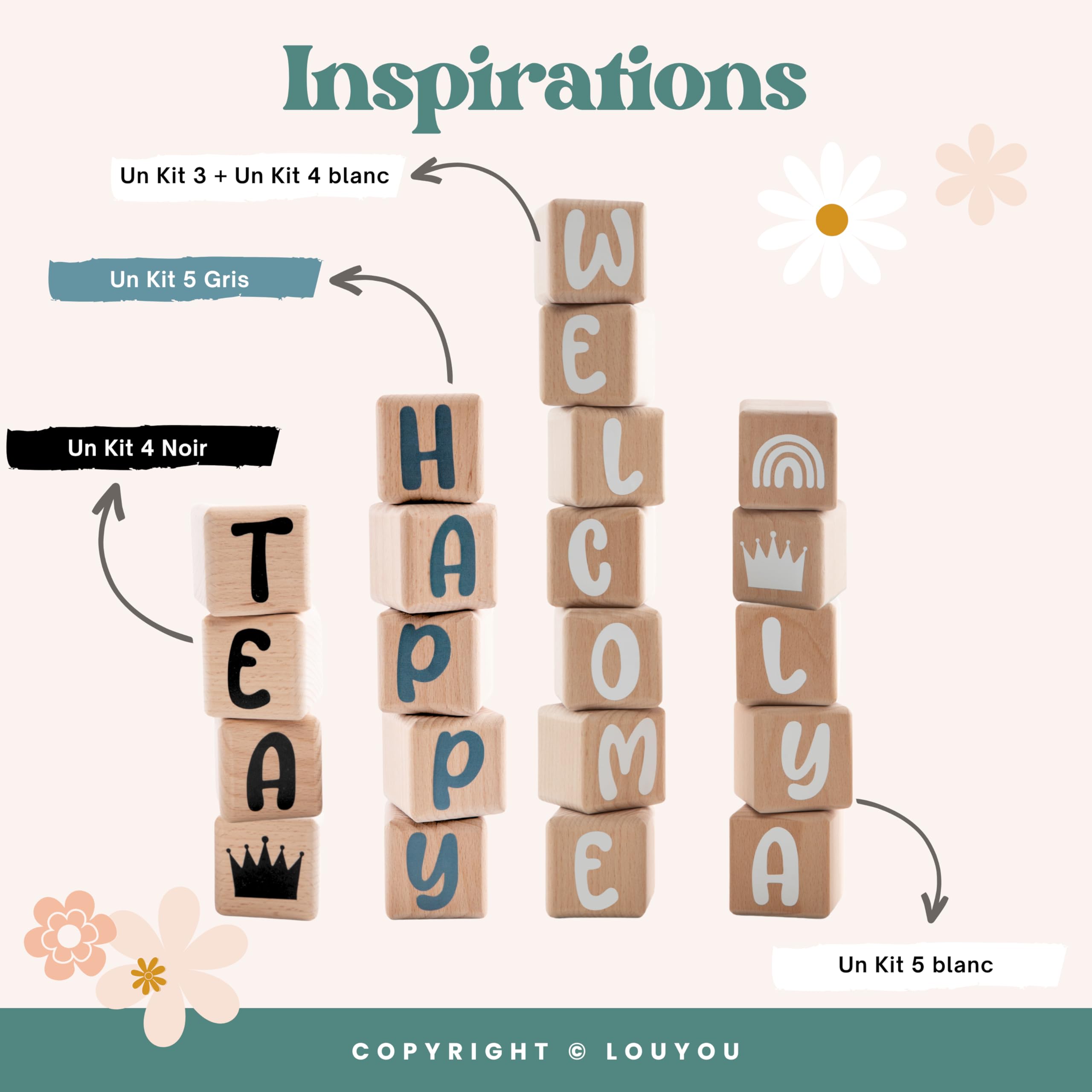 Cubos de Madera de 5cm x 5cm Kit de 4 Cubos con Pegatinas Grises - Letras de Madera de Gran Tamaño, Nombre Personalizado, Decoración para Habitación Infantil y Regalo de Nacimiento (Gris, 4)