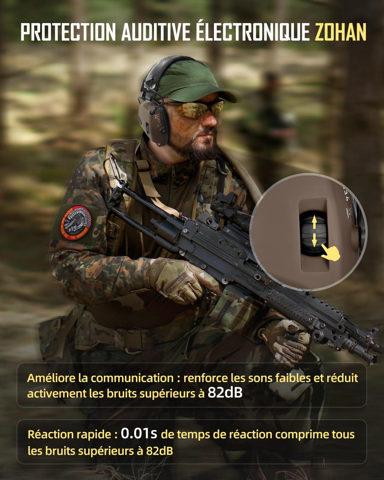 ZOHAN 054 Casque Anti Bruit de Tir Electronique avec 4 patch Protection auditive electronique Casque antibruit Reduction du bruit Amplification du son Casque antibruit pour la chasse Tir SNR 27dB