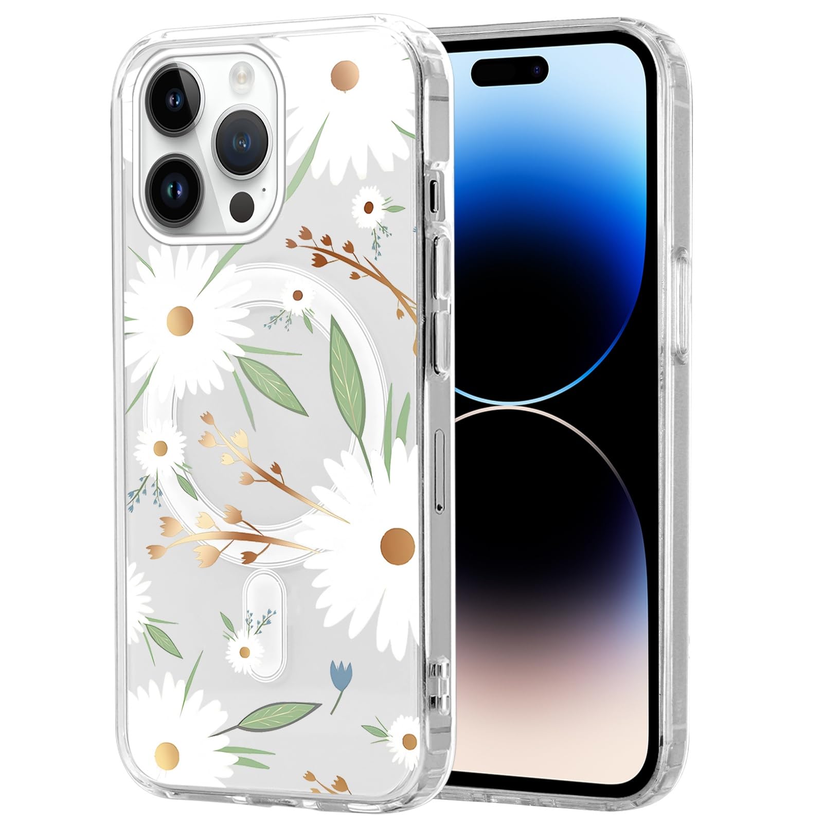 Zrutru Magnetic Case for iPhone 14 Pro Max Case Floral [Compatible with MagSafe] Cute Clear Flower Pattern Print Design Protective Phone Case, Elegant