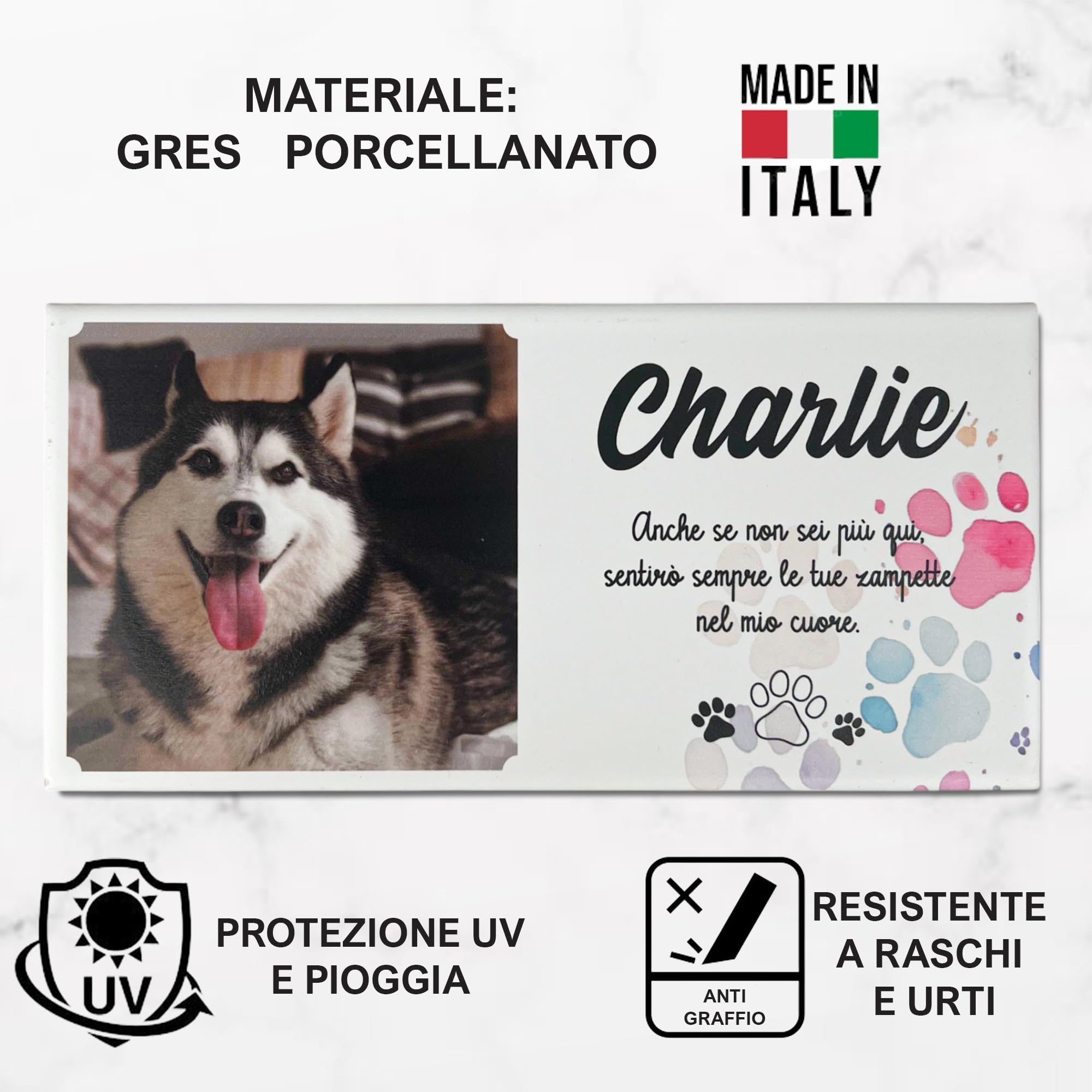 Albalù Targa lapide Cane Commemorativa Personalizzabile in Gres Porcellanato Misura 10x20 cm per lapide, cimitero o Interno, con Foto, Nome, Date e Dedica