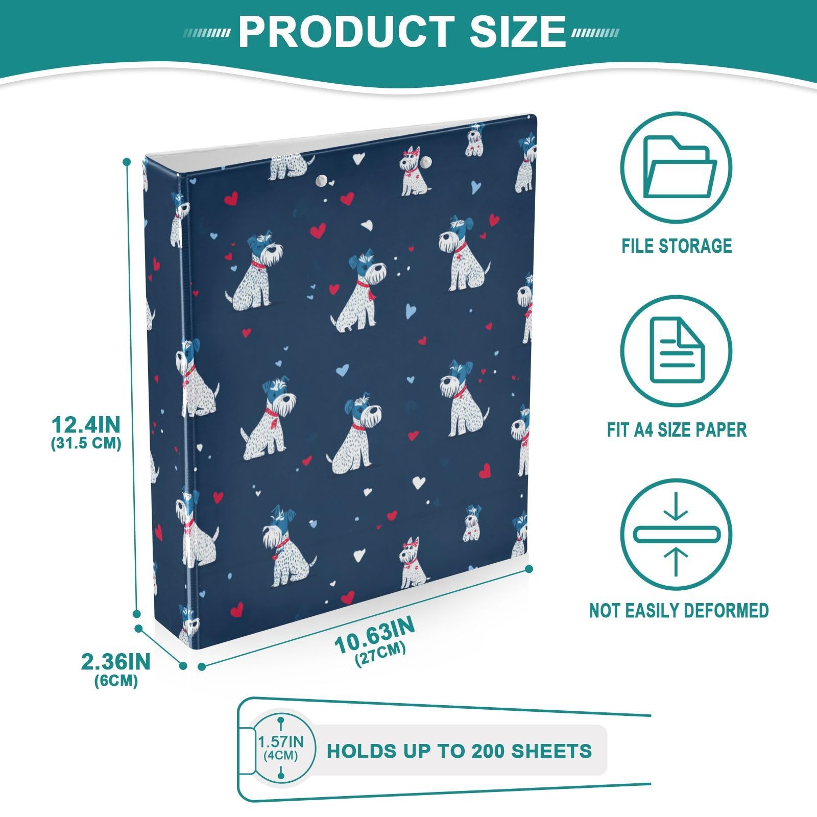 Kcldeci Raccoglitore a 3 anelli con copertina rigida per carta formato lettera, cuore Schnauzer con anelli rotondi da 3,8 cm, organizer per scuola/ufficio, confezione da 2