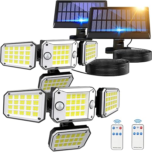 DooLv Luces solares de seguridad para exteriores, 2 luces de inundación con sensor de movimiento, 296 LED 7000K, 4 cabezales ajustables, iluminación