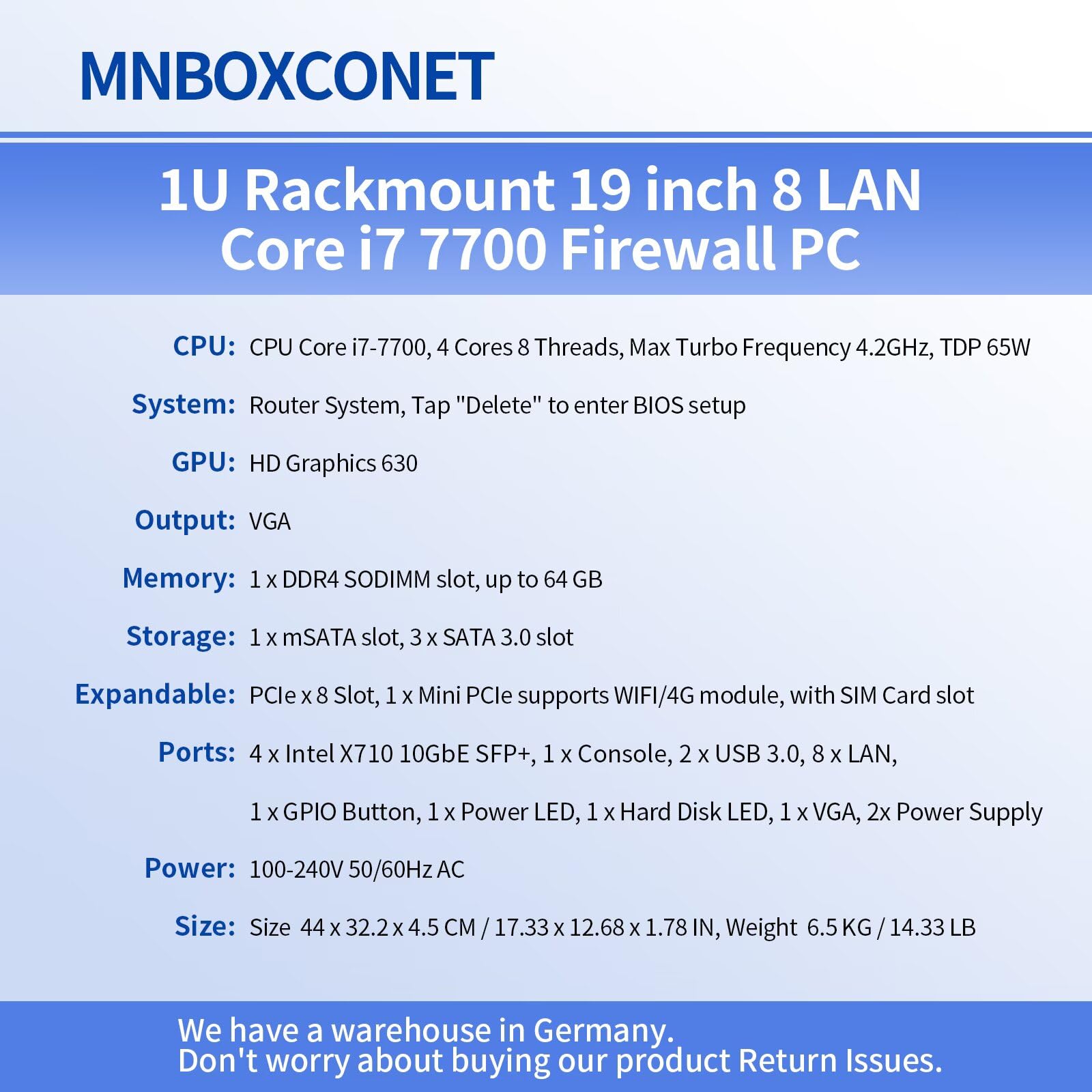 1U Firewall Server 19'' Rackmount Router Core i7-7700, 4 x 10GBE B250 Redundant Power Supply 8 x 2.5 Gigabit LAN konsola OPNsense, VGA, Barebone NO RAM NIE SSD