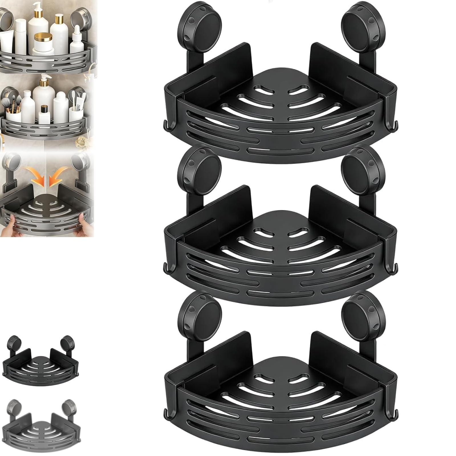 Suction Cup Corner Shower Shelf No-Drill Corner Shower Caddy Suction Cup Waterproof Rustproof CornerShower Shelves with Towel Bar