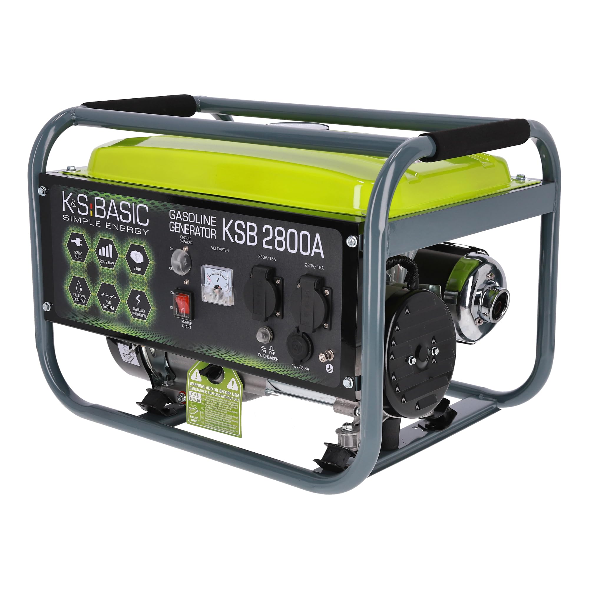 Groupe électrogène à essence KSB 2800A, puissance maximale 2800W, démarrage manuel, régulateur de tension automatique (AVR), voltmètre, 2x16A (230V), sortie 12V, alternateur en aluminium.