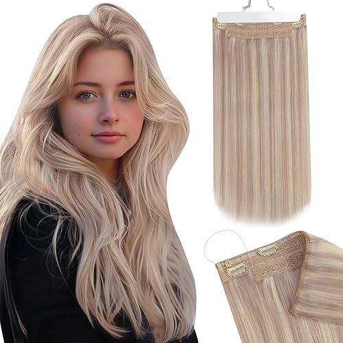 Ugeat Extensiones de cabello humano real con reflejos, color rubio ceniza cálido, rubio decolorado, extensiones invisibles de alambre con hilo de