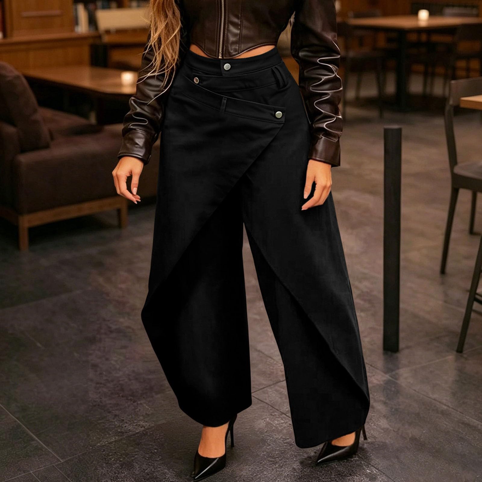 Generisch Pantalones envolventes para mujer, pantalones anchos para el tiempo libre, con botones, cómodos, pantalones de verano, pantalones de algodón, pantalones de pierna recta, pantalones
