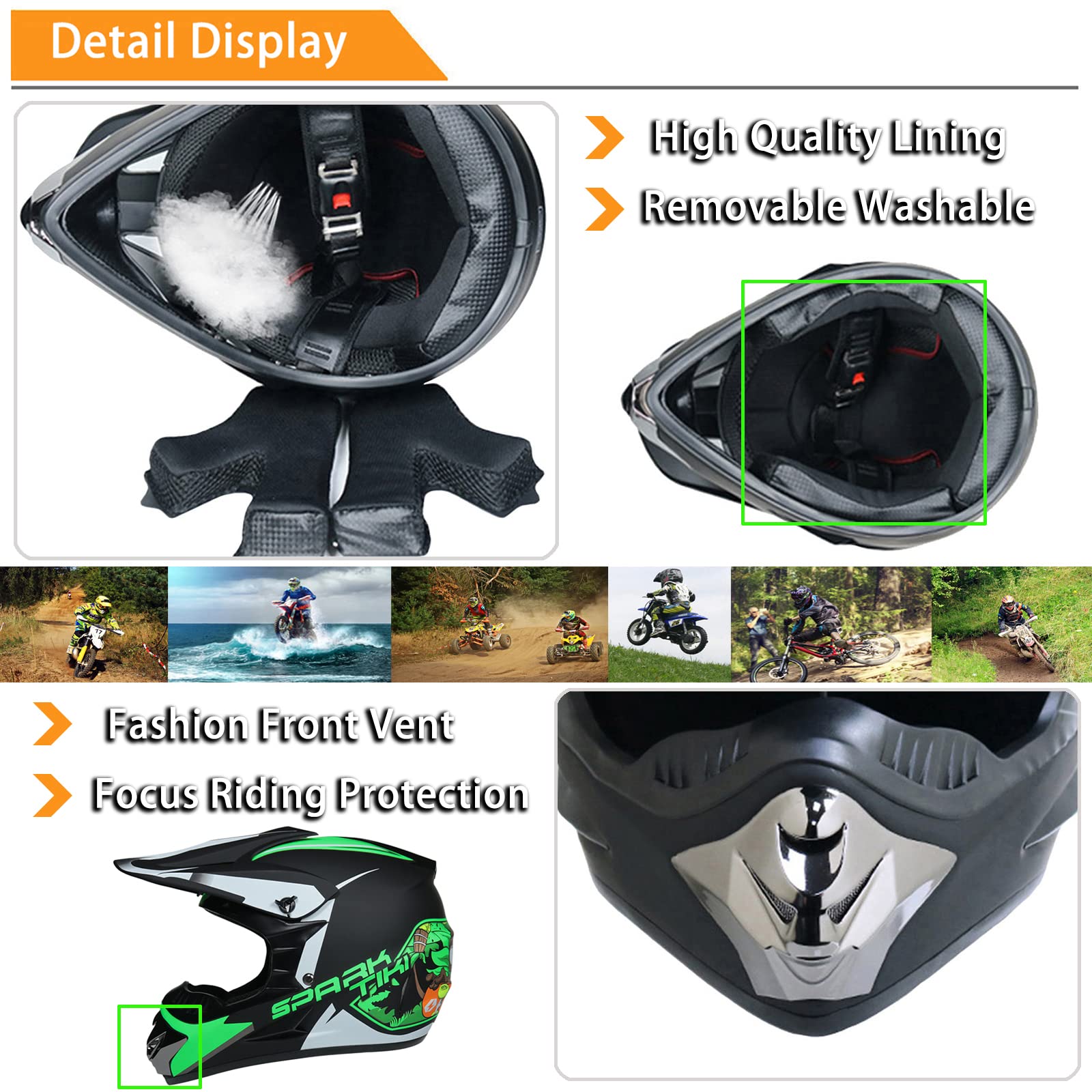 Casque Moto Cross Homme Set, Casque Motocross Intégral, Casque Moto Enfant avec avec Gants Lunettes Masques Filet de Casque, Casque Downhill pour BMX MTB Dirt Bike Quad Enduro ATV - ECE Homologué
