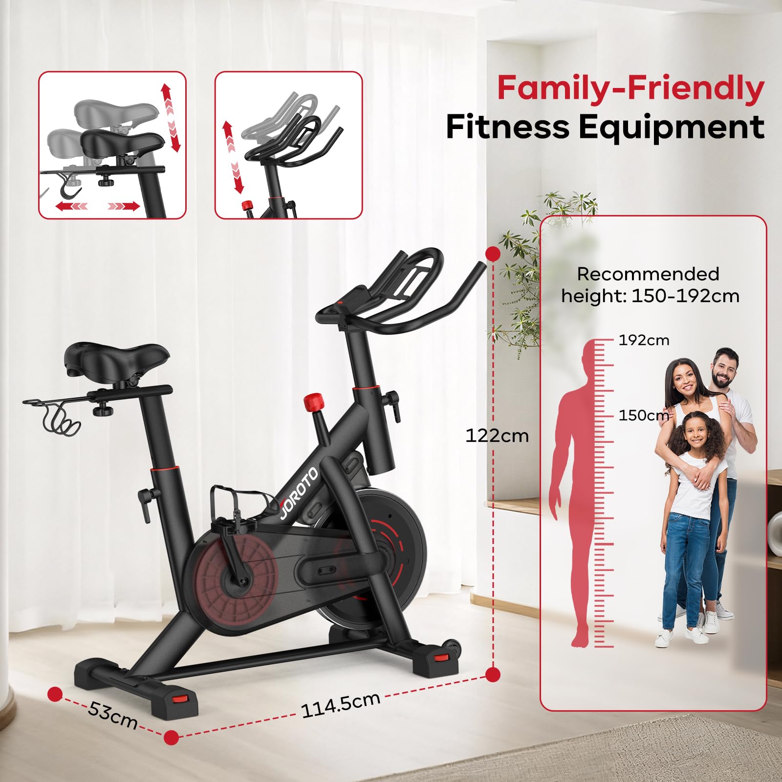JOROTO Heimtrainer Fahrrad mit App & Bluetooth, leiser Magnetwiderstand | Indoor Cycling Bike mit bis 150kg, Hantelständer & Flaschenhalter, LCD-Display, Fitnessbike für Zuhause