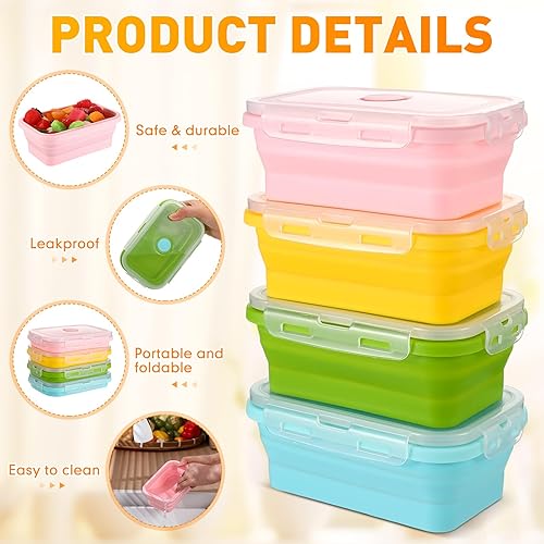 Miniatura 3 de Mifoci Juego de 8 cuencos plegables de silicona para acampar con tapa de ventilación, recipientes de almacenamiento de silicona de 17 onzas para