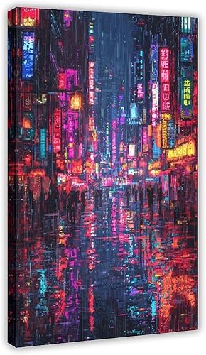 XAHOR Neon Cyberpunk Pixel Art Poster  Retro Digital Style with Glitch Effects  Unique Modern Wall Art Canvas Poster Bedroom Decor Sports Landscape