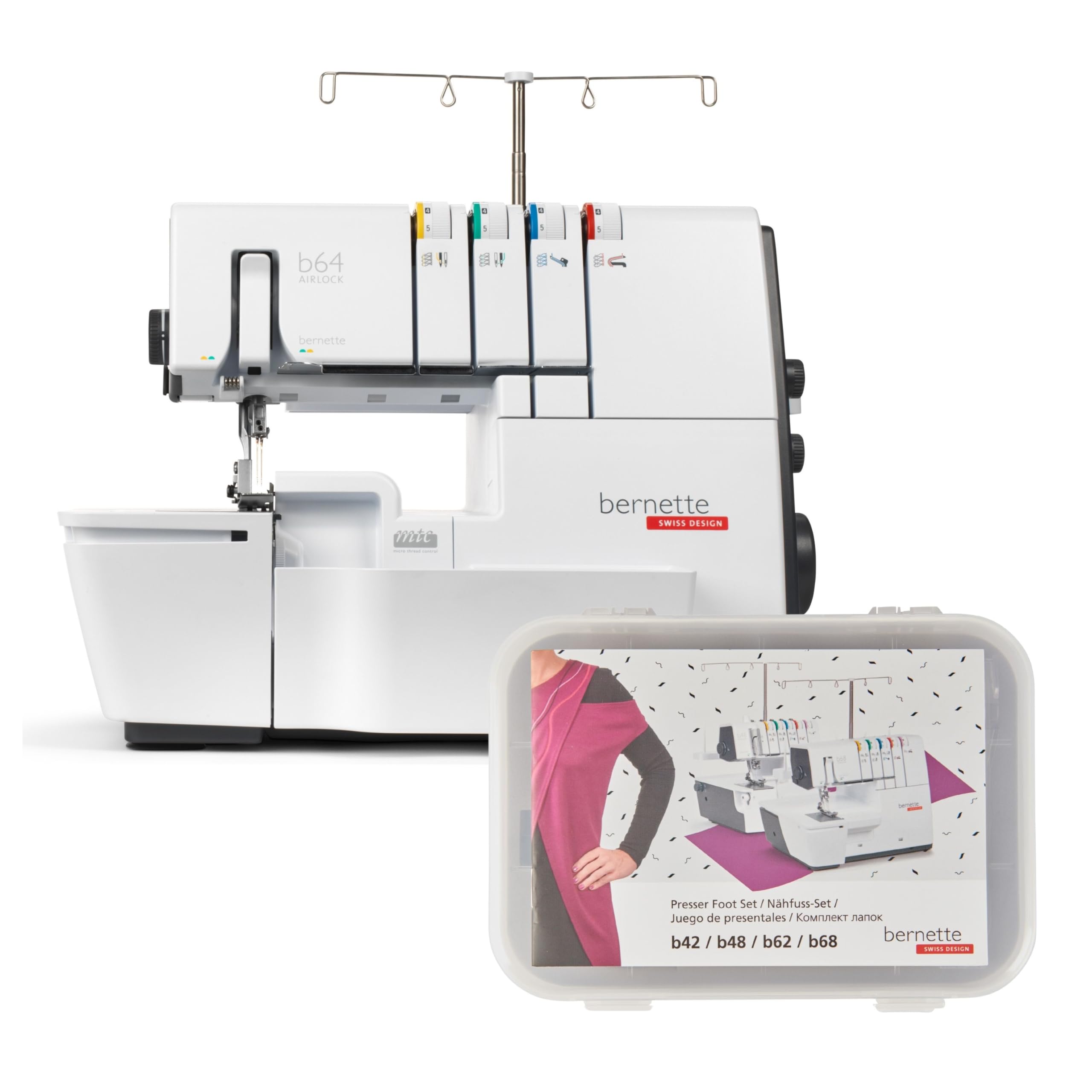 Bernette B64 Airlock Serger Overlocker with Air Threading | 1300SPM, 16 Stitches, Free Arm, LED Light, Free Hand System | 6 Overlock Foot Kit Extension Table, Sewing Quilting Accessories Included