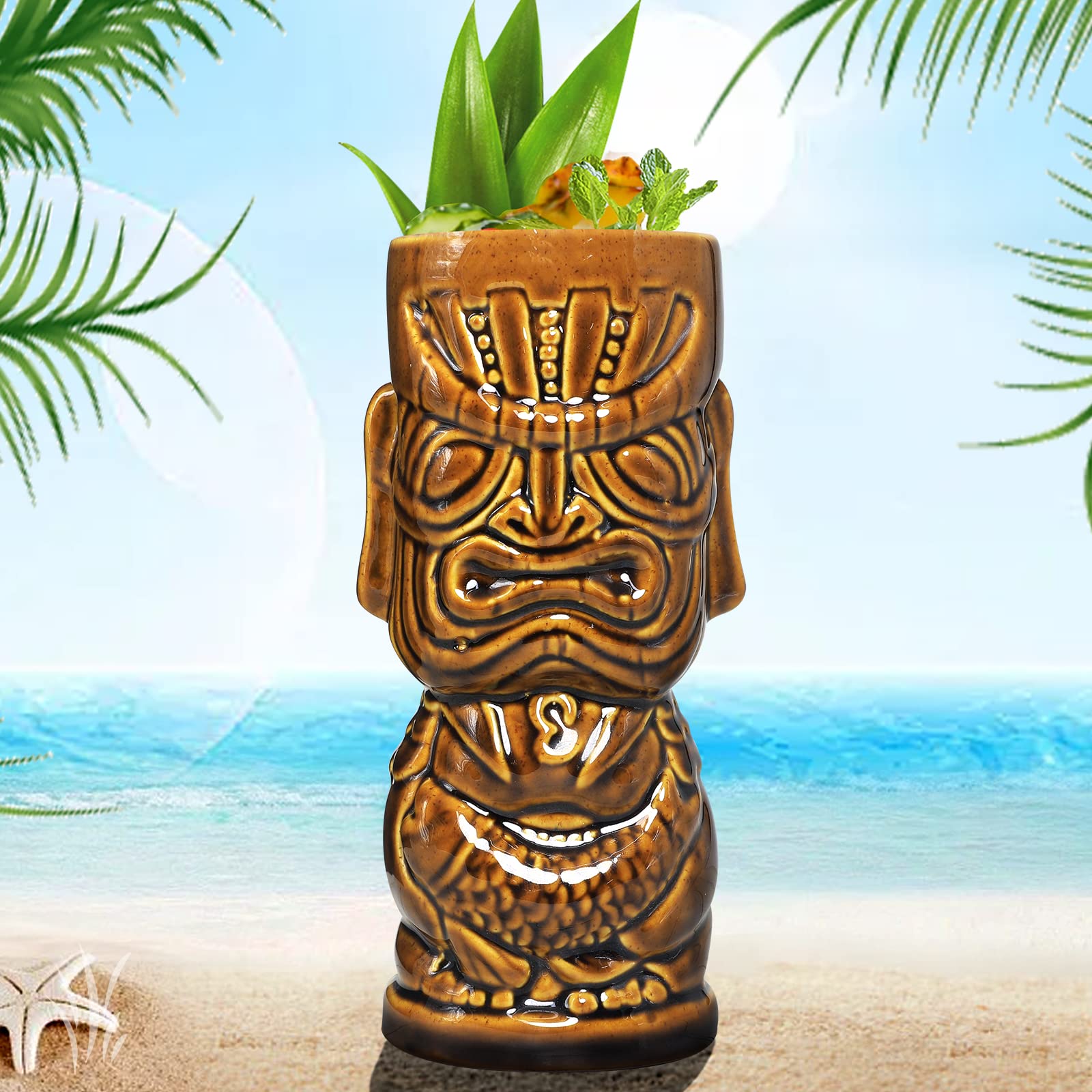 Tiki-Tassen-Set Aus Keramik – 4 Stück, Handbemalt, Für Cocktails & Partys, Hawaiianisches Deko-Geschirr