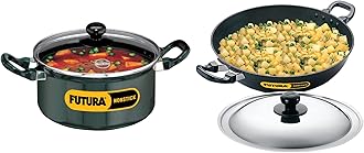 Q34 Futura Non-Stick Stewpot with Glass Lid, 3 litres Non-Stick Round Bottom Deep-Fry Kadai with Steel Lid, 30Cm