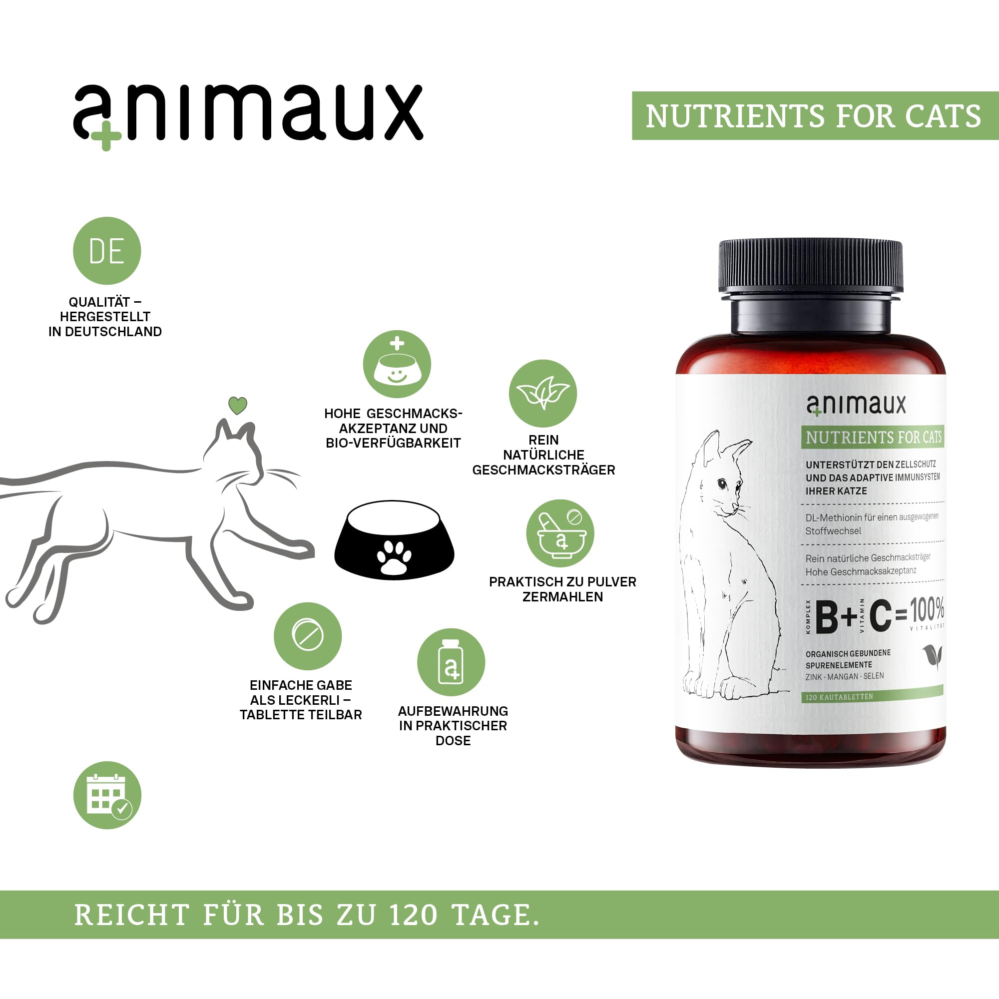 animaux Nutrients for Cats – 120 Kautabletten – Vitamine für Katzen, Unterstützung für Stoffwechsel, Immunsystem, Haut & Fell, mit Vitamin B Komplex, Omega 3, Zink & mehr