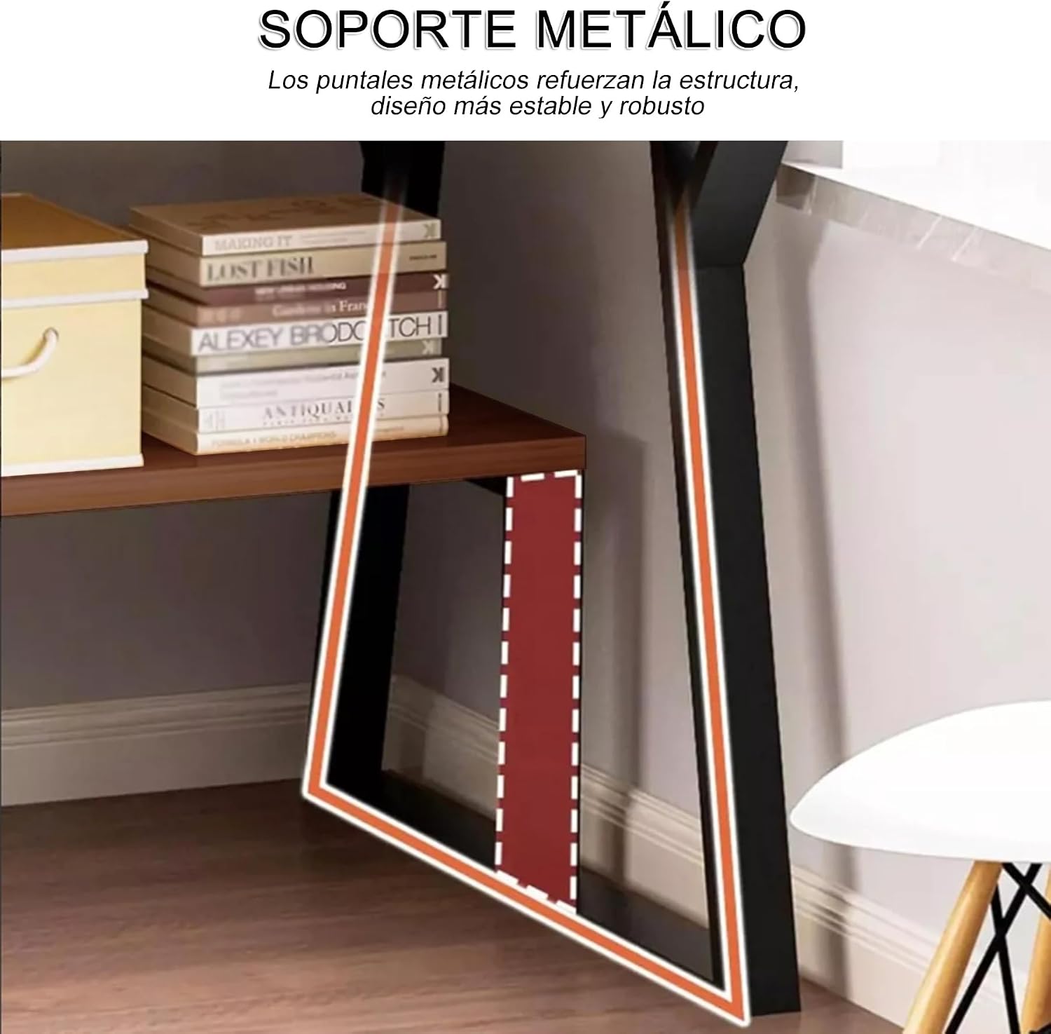 Detail of the Y-shaped metal support frame of the desk
