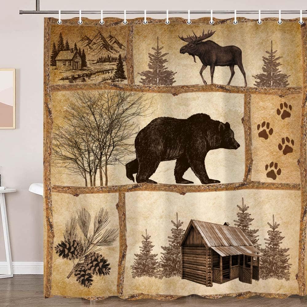Rustic Cabin Shower Curtain Set, Farmhouse Country Antique Bear Moose Forest Vintage Wood Decor Bath Curtain，Hunting Camping Waterproof Fabric Bathroom Accessories Set, 69x78 inch with Hooks