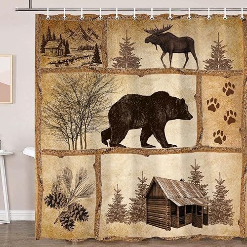 Juego de cortinas de ducha rústicas de cabaña, diseño de oso antiguo, alce, bosque, decoración de madera vintage, para caza, campamento, tela