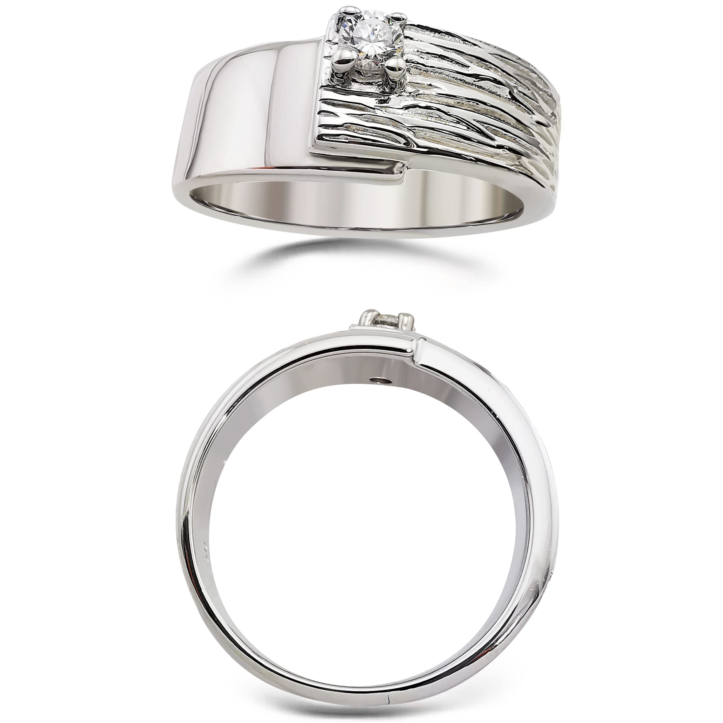 925 Sterling Silber Bandring mit Zirkonia | Rhodinierter Verlobungsring mit Wellenstruktur | Premium Breiter Statement Ring