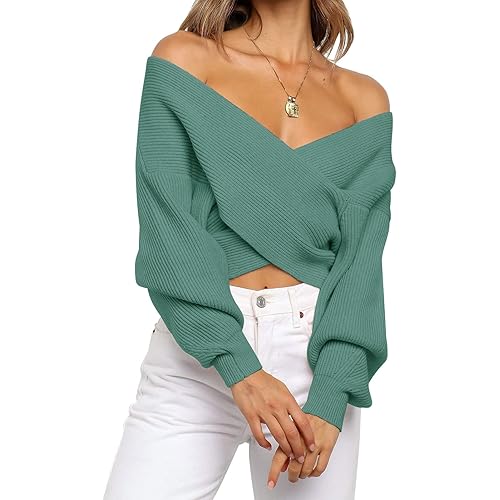 ZCSIA Women's Long Sleeve Wrap V Neck Cross Front Solid Color Casual Off Shoulder Crop Knitted Pullover Sweater